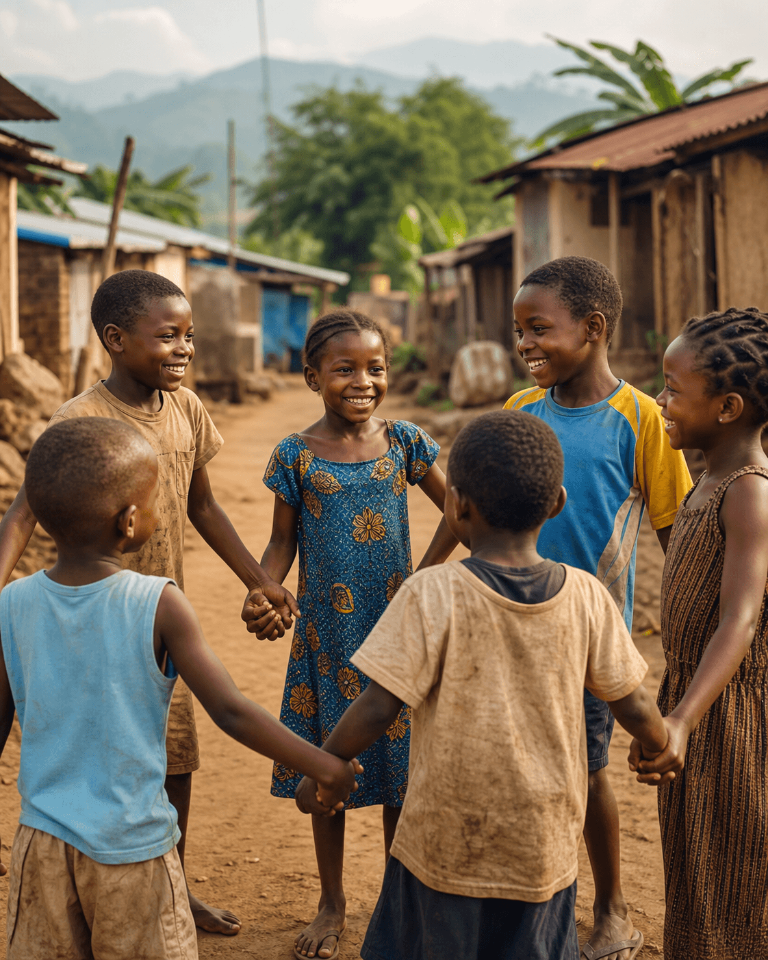 African children holding hands in a circle outdoors